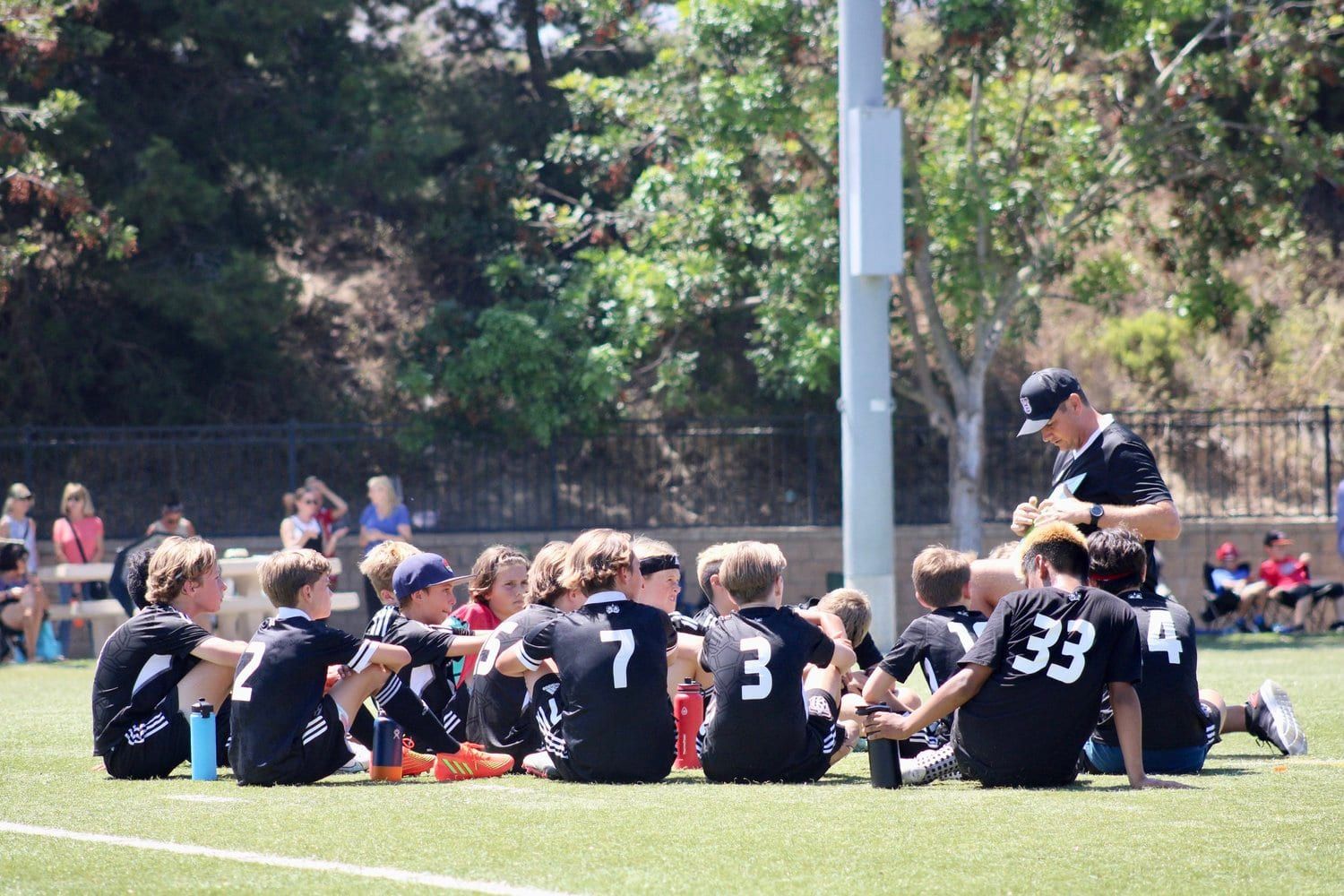 Boys team sitting together on the sideline between games